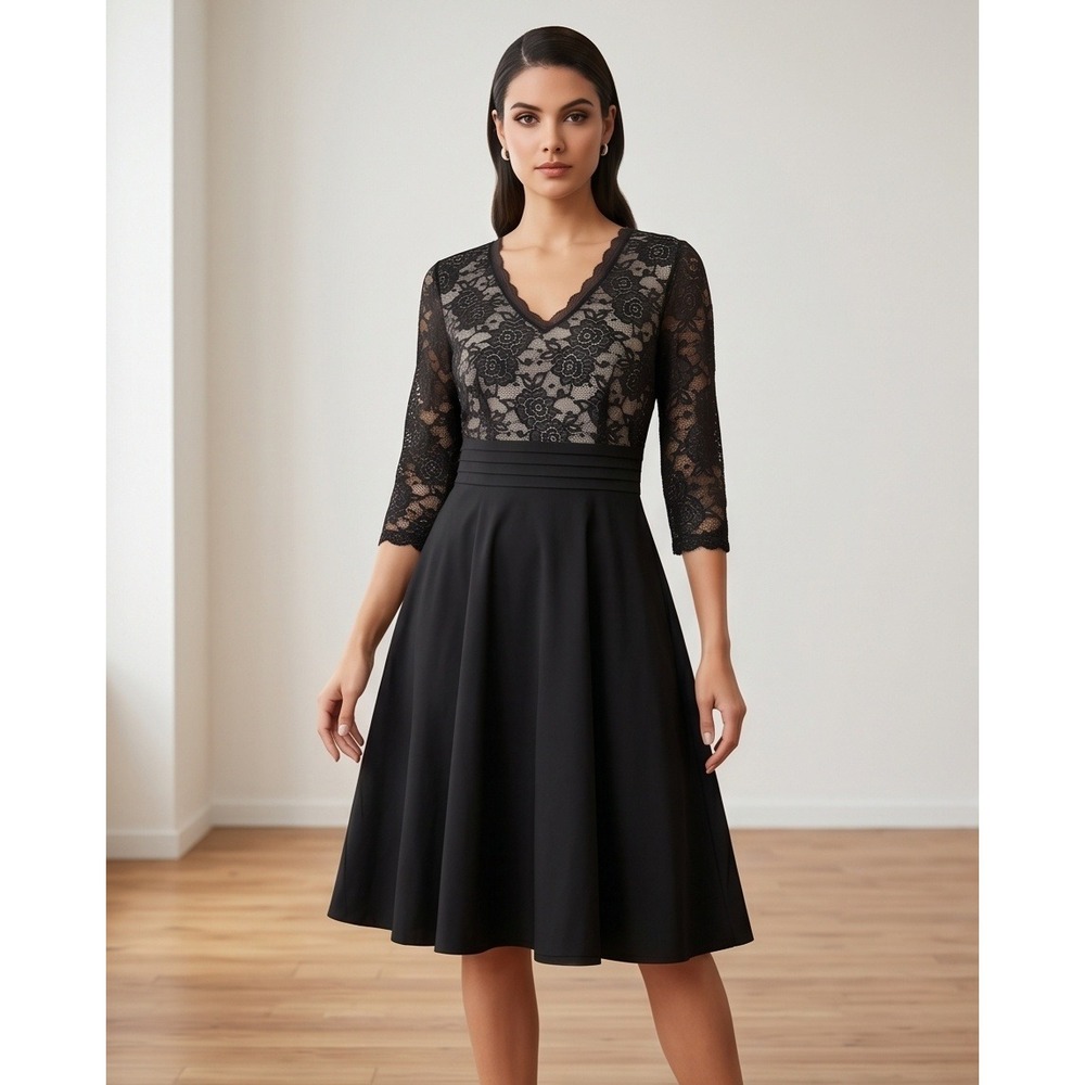 Homeyee Black Floral Lace V-Neck A-Line Cocktail Dress 3/4 Sleeve‎ Sz 6 Timeless